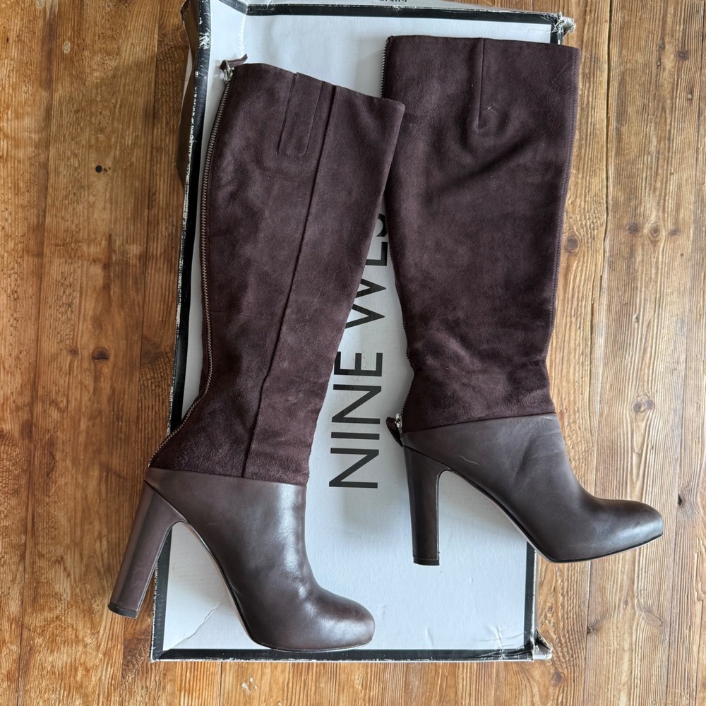 Nine West Go Fish Brown Leather Suede Mixed Media Tall Block Heel Boots 7M EUC